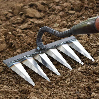 Heavy-duty steel garden rake with V-shaped tines for effortless weeding, featuring ergonomic design and durable construction.