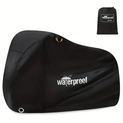 "Heavy-duty waterproof bicycle cover, black and gray, protecting bikes from weather with adjustable straps for secure fit."