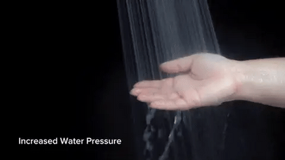 "High-pressure showerhead with enhanced filtration, sleek silver design, boosts water pressure, and fits standard shower hose