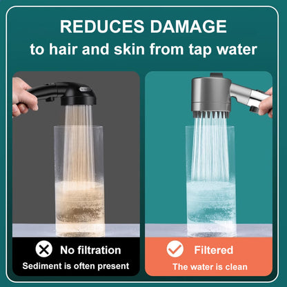 "High-pressure showerhead with enhanced filtration, sleek silver design, boosts water pressure, and fits standard shower hose