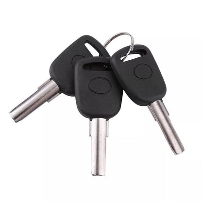 "High-visibility silver-black steering wheel lock with universal fit, durable steel-aluminum build, protects from theft."
