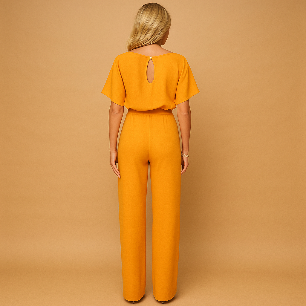 Women’s high-waist jumpsuit with lace-up front and soft flowing fit in black, navy, yellow, or apricot, perfect for chic everyday or evening style.