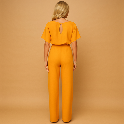 Women’s high-waist jumpsuit with lace-up front and soft flowing fit in black, navy, yellow, or apricot, perfect for chic everyday or evening style.