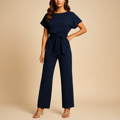 Women’s high-waist jumpsuit with lace-up front and soft flowing fit in black, navy, yellow, or apricot, perfect for chic everyday or evening style.