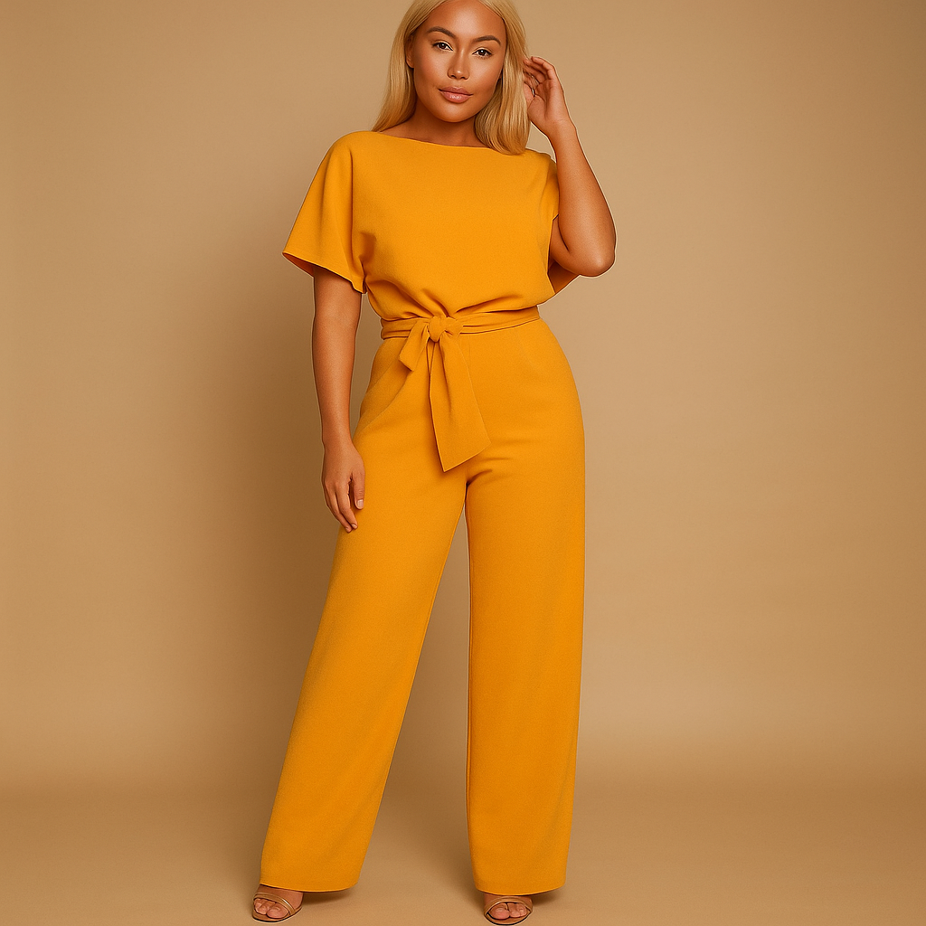 Women’s high-waist jumpsuit with lace-up front and soft flowing fit in black, navy, yellow, or apricot, perfect for chic everyday or evening style.