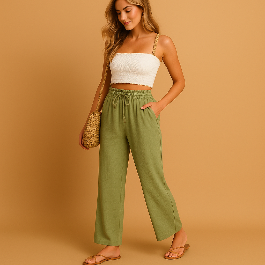 Women’s high-waisted lounge pants with a straight leg, lightweight fabric, and pockets, perfect for casual comfort at home or on the go.