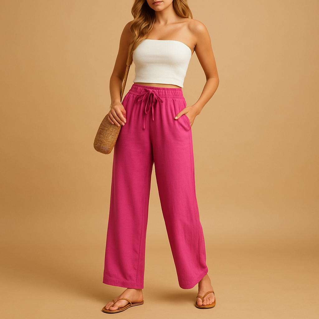 Women’s high-waisted lounge pants with a straight leg, lightweight fabric, and pockets, perfect for casual comfort at home or on the go.