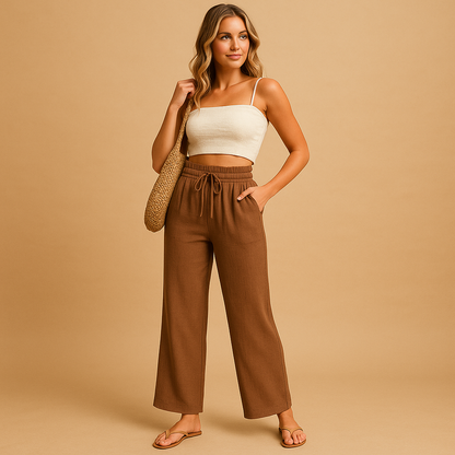 Women’s high-waisted lounge pants with a straight leg, lightweight fabric, and pockets, perfect for casual comfort at home or on the go.