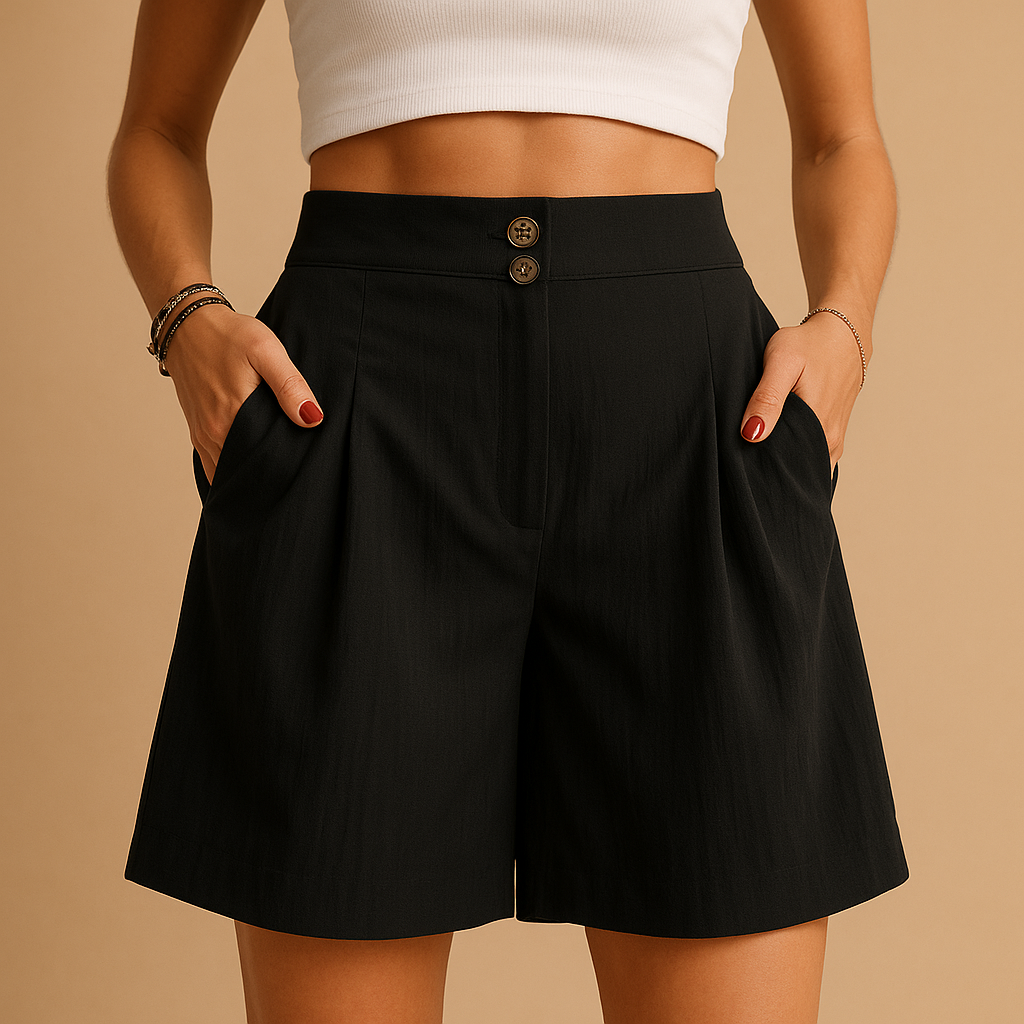 Women’s high-waisted tailored shorts with double front button detail, ideal for stylish summer looks and everyday wear.