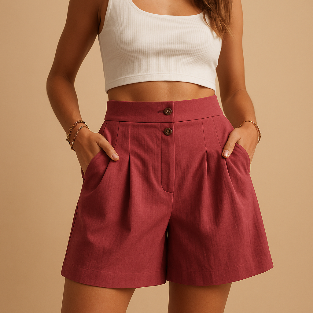 Women’s high-waisted tailored shorts with double front button detail, ideal for stylish summer looks and everyday wear.