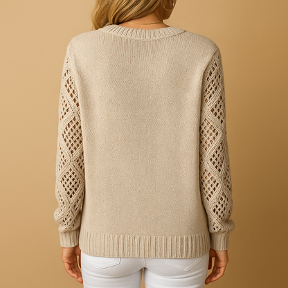 Women’s hollow knit sweater with relaxed fit and elegant detailing, ideal for casual days or cozy evenings in spring, autumn, or winter.