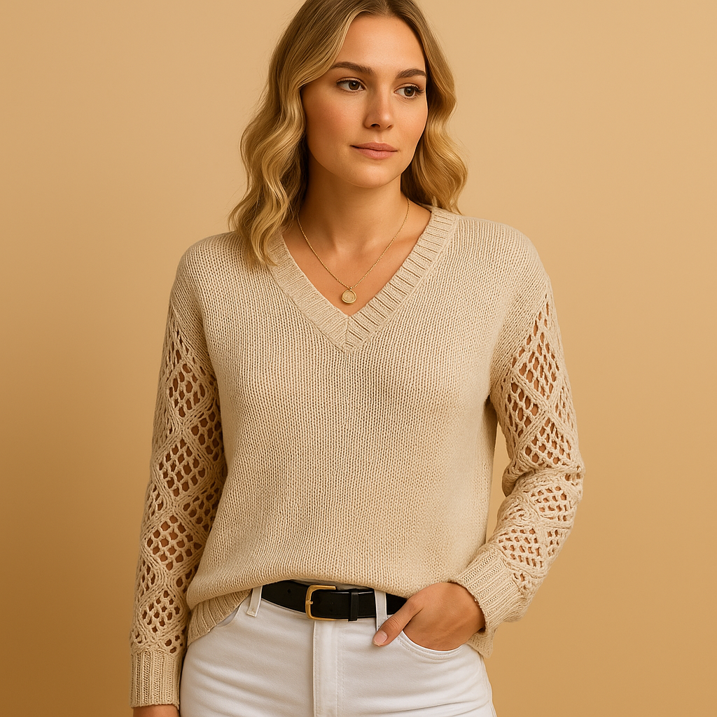 Women’s hollow knit sweater with relaxed fit and elegant detailing, ideal for casual days or cozy evenings in spring, autumn, or winter.