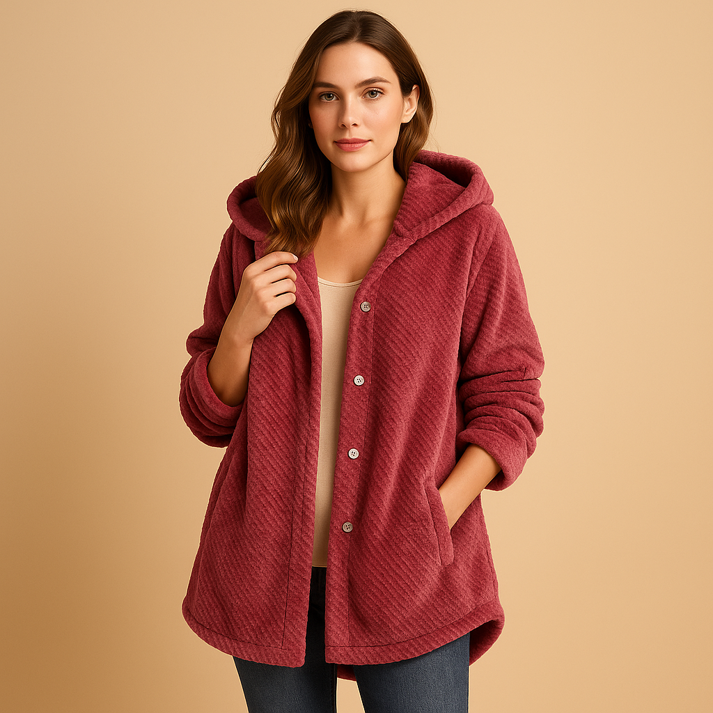 Hooded winter coat for women in breathable, water-repellent fabric with zip closure, available in khaki, black, blue, white, and wine red.