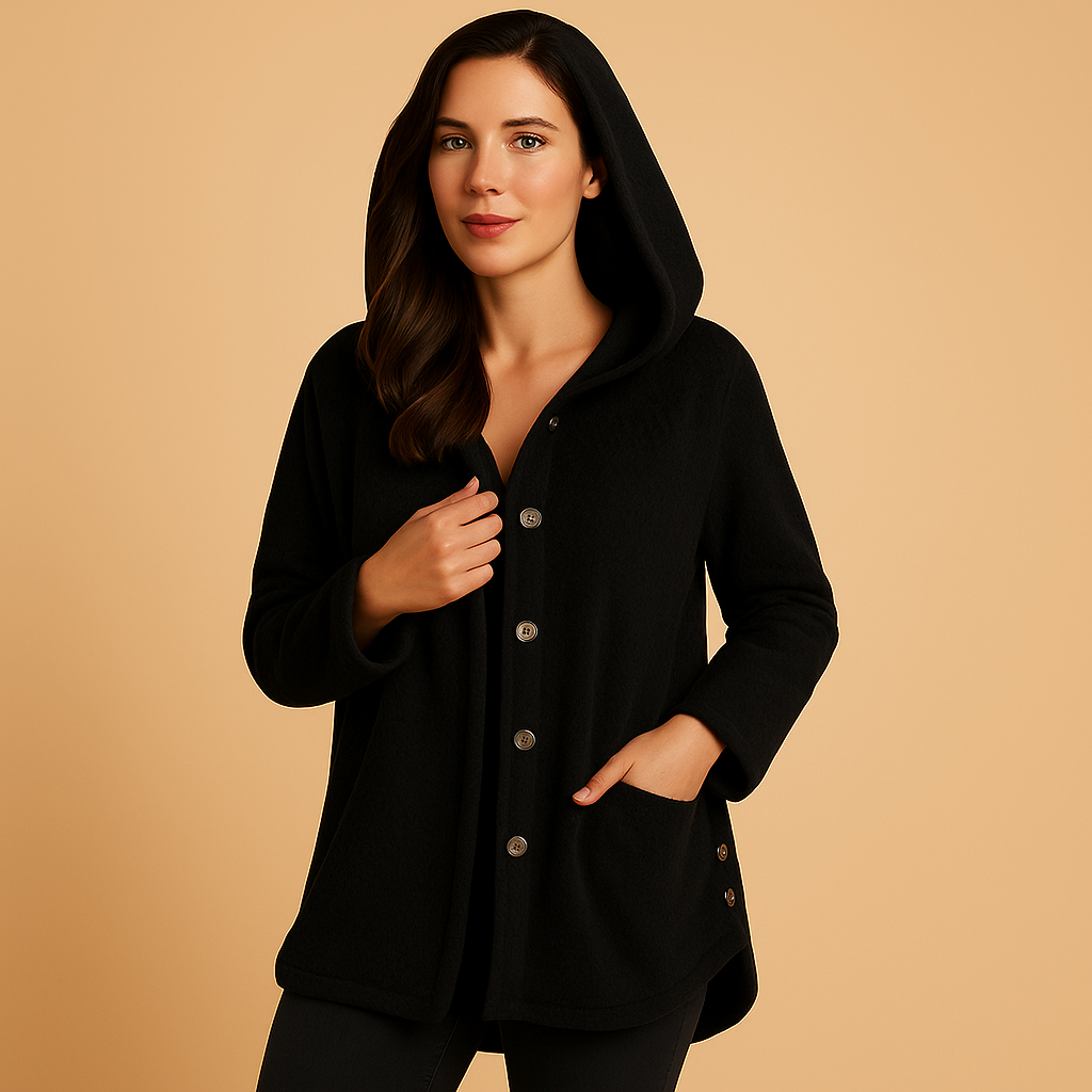 Hooded winter coat for women in breathable, water-repellent fabric with zip closure, available in khaki, black, blue, white, and wine red.