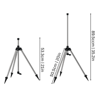 "HydroSpin 360° Adjustable Garden Sprinkler with height-adjustable tripod, stainless steel, offering full lawn coverage."