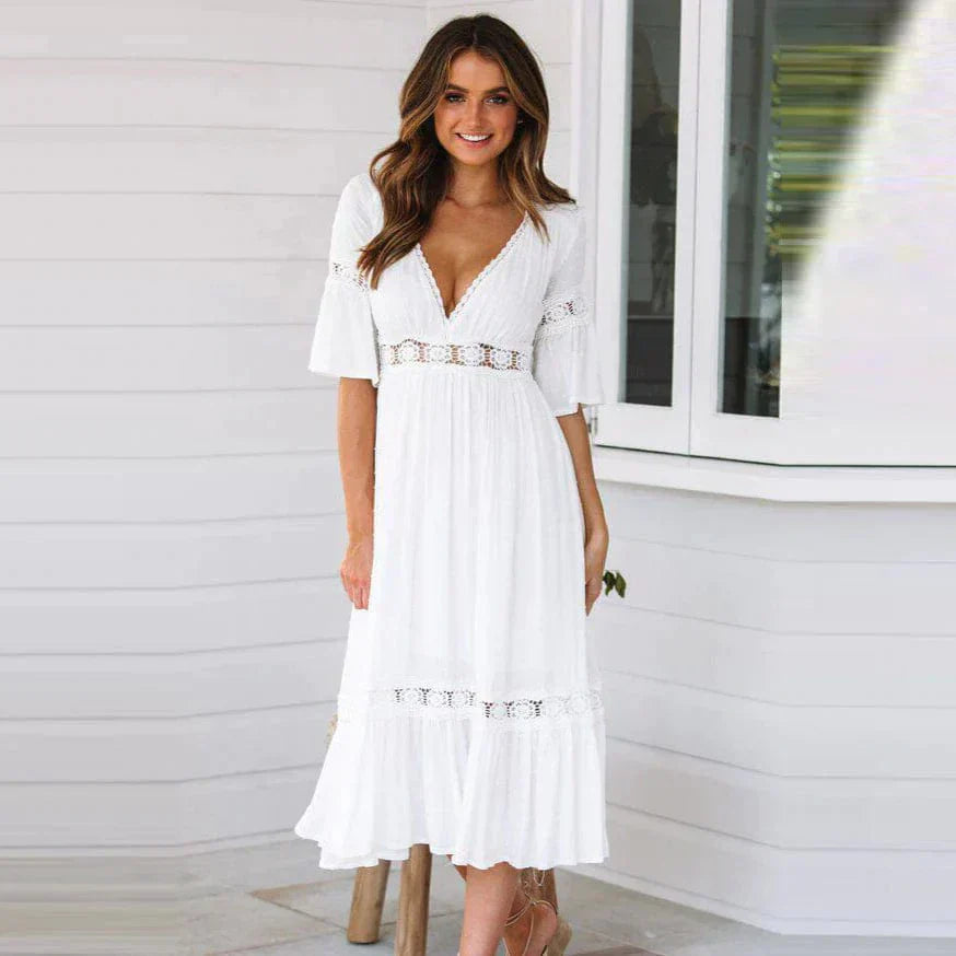 Ladies Loose Fit V Neck Summer Maxi Dress - Luxivelle