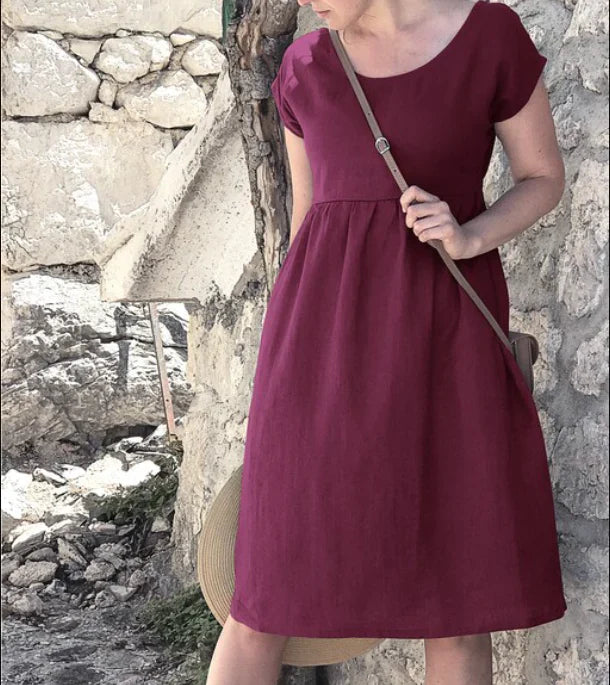 Relaxed Fit Women's Short Sleeve Linen A-Line Dress