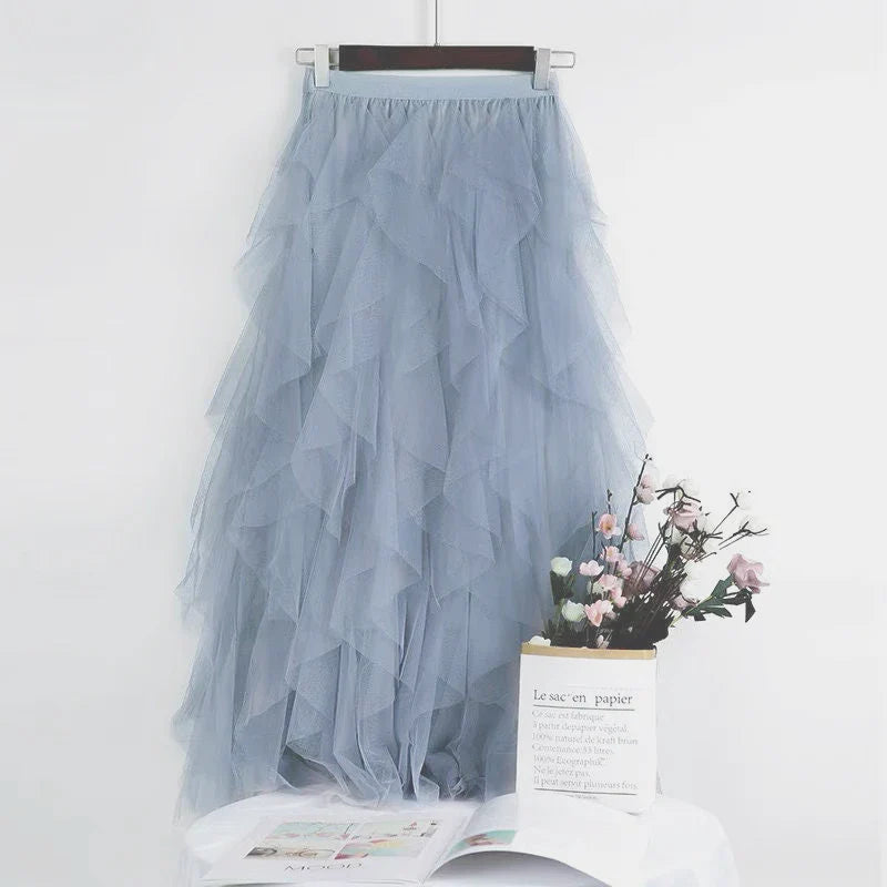Women's Flared Mid Waist Mesh Flowy Skirt