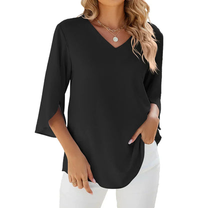 Relaxed Fit V-Neck Womens Casual Blouse