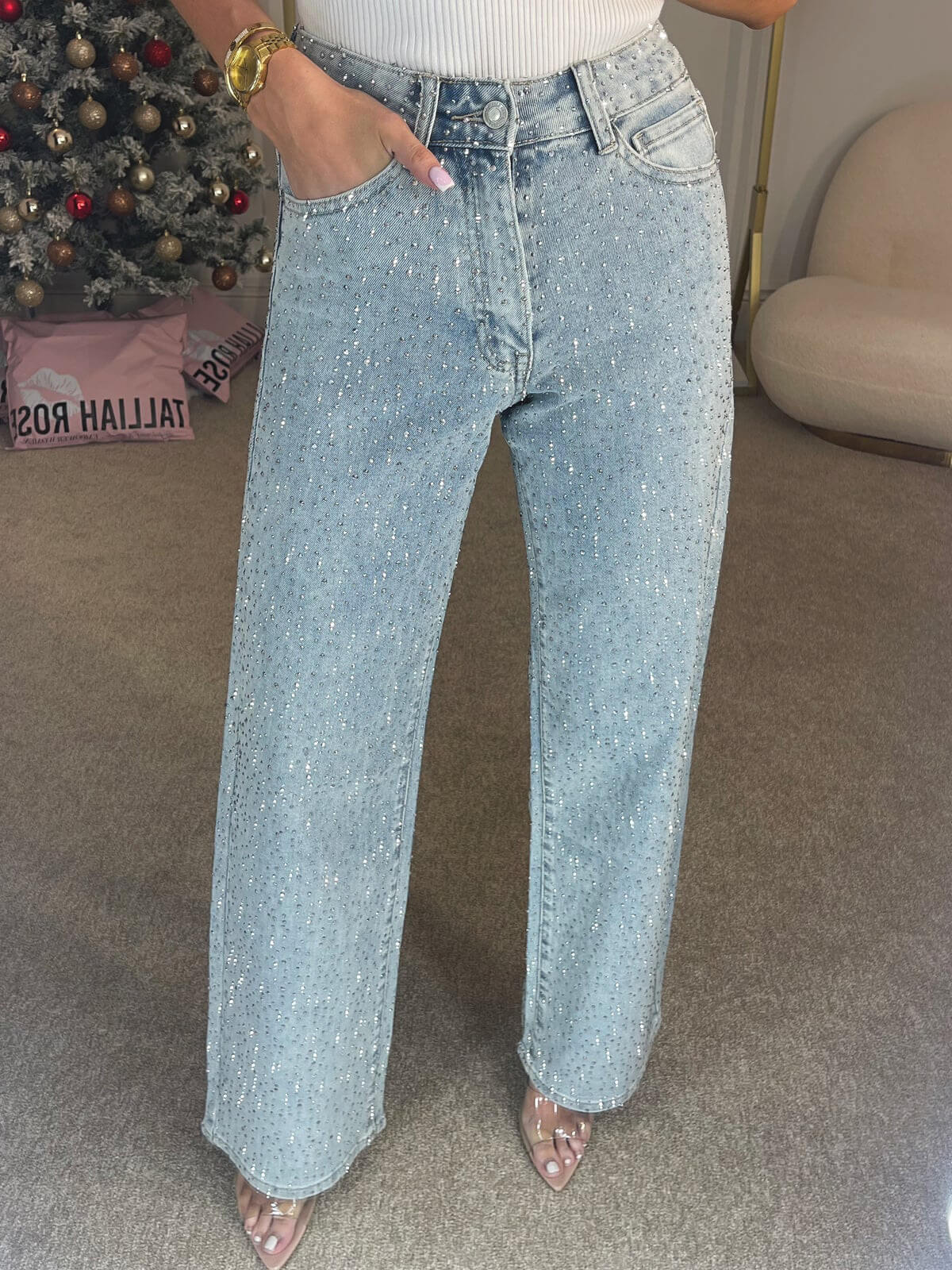 Sabine Women's Glittering High-Waisted Jeans – Stylish Denim Comfort-4