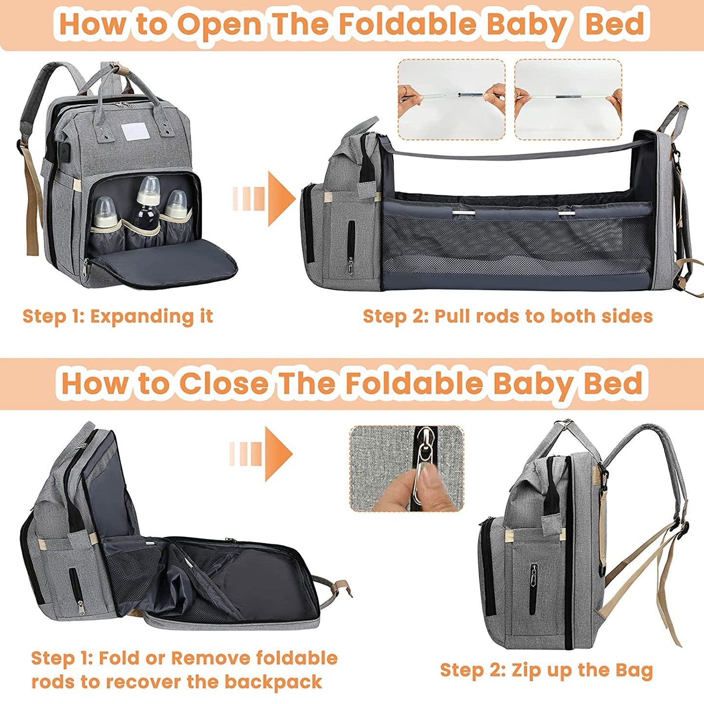 Practical Baby Changing Bag with Portable Bed & USB Charger