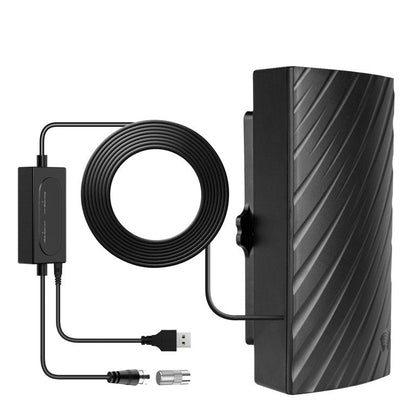 "Indoor 4K HDTV antenna, sleek black design, up to 600 miles range, with coaxial cable, fits modern living spaces."
