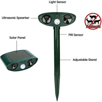 Infrared solar animal repeller with ultrasonic sensor, green device for outdoor garden protection, weatherproof design.