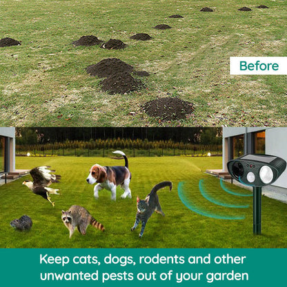 Infrared solar animal repeller with ultrasonic sensor, green device for outdoor garden protection, weatherproof design.