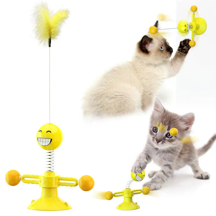 "Interactive cat windmill toy with vibrant colors, rotating design, and scratching surface for playful and dental health bene