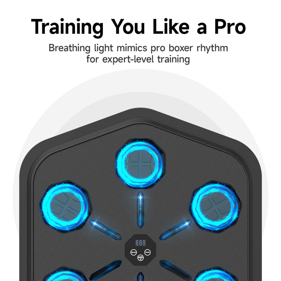 "Interactive music boxing machine for fitness, featuring colorful sensors, sleek design, suitable for adults and kids."