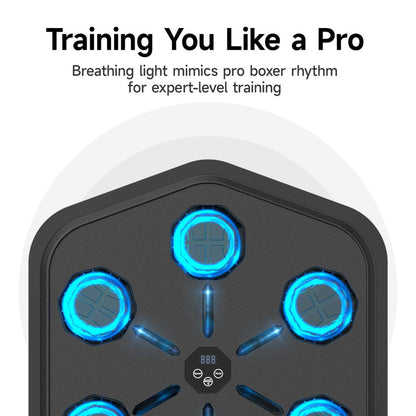 "Interactive music boxing machine for fitness, featuring colorful sensors, sleek design, suitable for adults and kids."