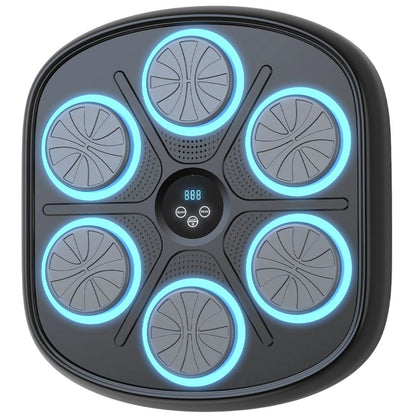 "Interactive music boxing trainer with digital display and smartphone connectivity, front view in a home gym setting."