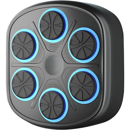 "Interactive music boxing trainer with digital display and smartphone connectivity, front view in a home gym setting."