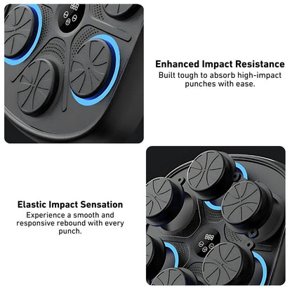 "Interactive music boxing trainer with digital display and smartphone connectivity, front view in a home gym setting."