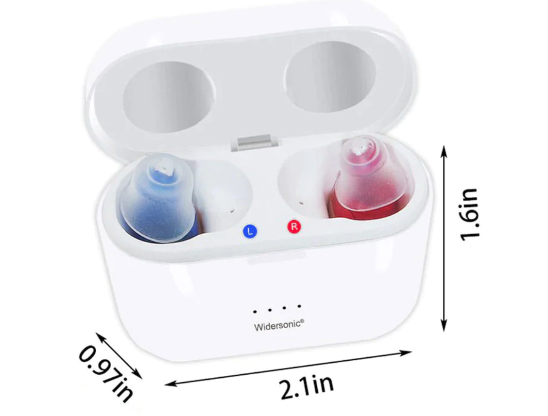 "Invisible rechargeable hearing aids for men and women; flesh-toned, discreet fit in ear canal; enhances hearing clarity."