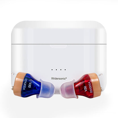 "Invisible rechargeable hearing aids for men and women; flesh-toned, discreet fit in ear canal; enhances hearing clarity."