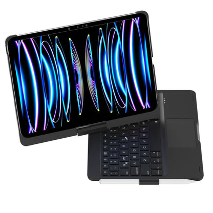 iPad Keyboard Case with backlit keys and trackpad, sleek design, drop-resistant shell, enhances functionality and protection.