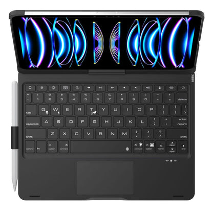 iPad Keyboard Case with backlit keys and trackpad, sleek design, drop-resistant shell, enhances functionality and protection.