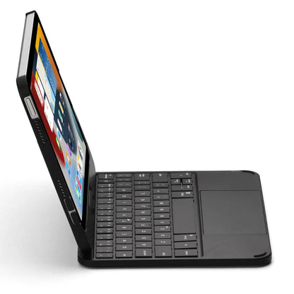 iPad Keyboard Case with backlit keys and trackpad, sleek design, drop-resistant shell, enhances functionality and protection.