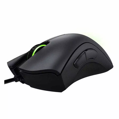 "Jet Black ergonomic optical gaming mouse with contoured design, precision 6,400 DPI sensor, and responsive buttons for gamer