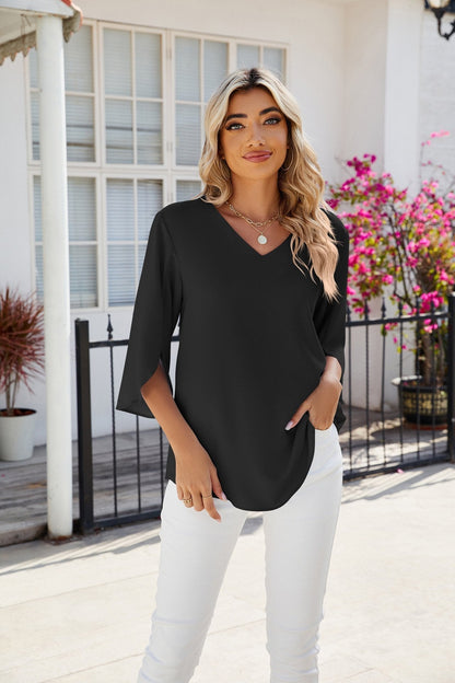 Relaxed Fit V-Neck Womens Casual Blouse