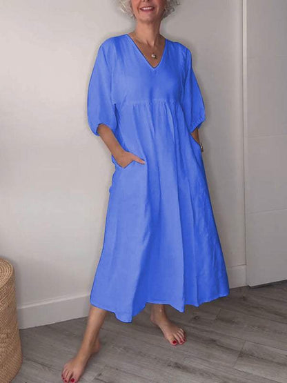 Comfy V Neck Knee Length Dress with Pockets