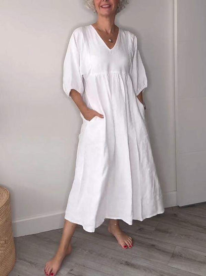 Comfy V Neck Knee Length Dress with Pockets