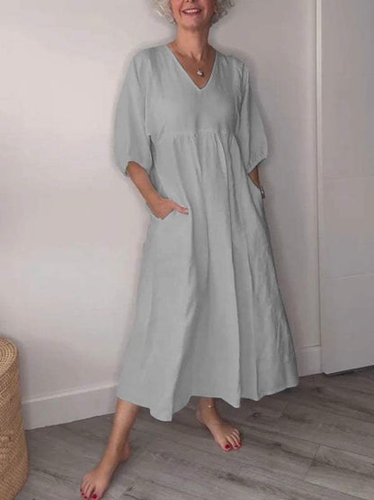 Comfy V Neck Knee Length Dress with Pockets