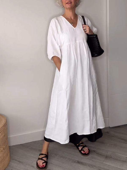 Comfy V Neck Knee Length Dress with Pockets