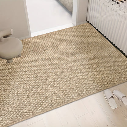 "Jute-look soft, absorbent door mat for indoor/outdoor use; stylish, traps dirt, moisture; durable, non-slip backing."