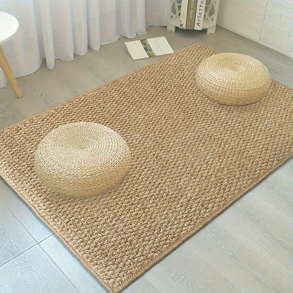 "Jute-look soft, absorbent door mat for indoor/outdoor use; stylish, traps dirt, moisture; durable, non-slip backing."