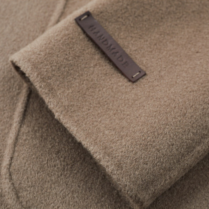 "Khaki men's wool blend overcoat, single-breasted, two-button style, tailored fit, perfect for winter warmth and elegance."