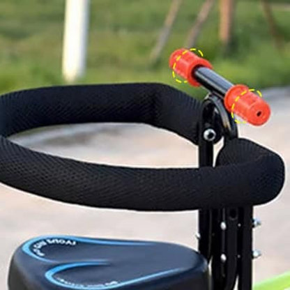 "Kids child bike seat in vibrant red and black with safety harness and padded seat, designed for adult bicycles."