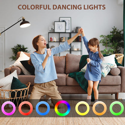 "Kids portable mini karaoke machine with wireless mics, LED lights, vibrant colors, fun for ages 3-12."